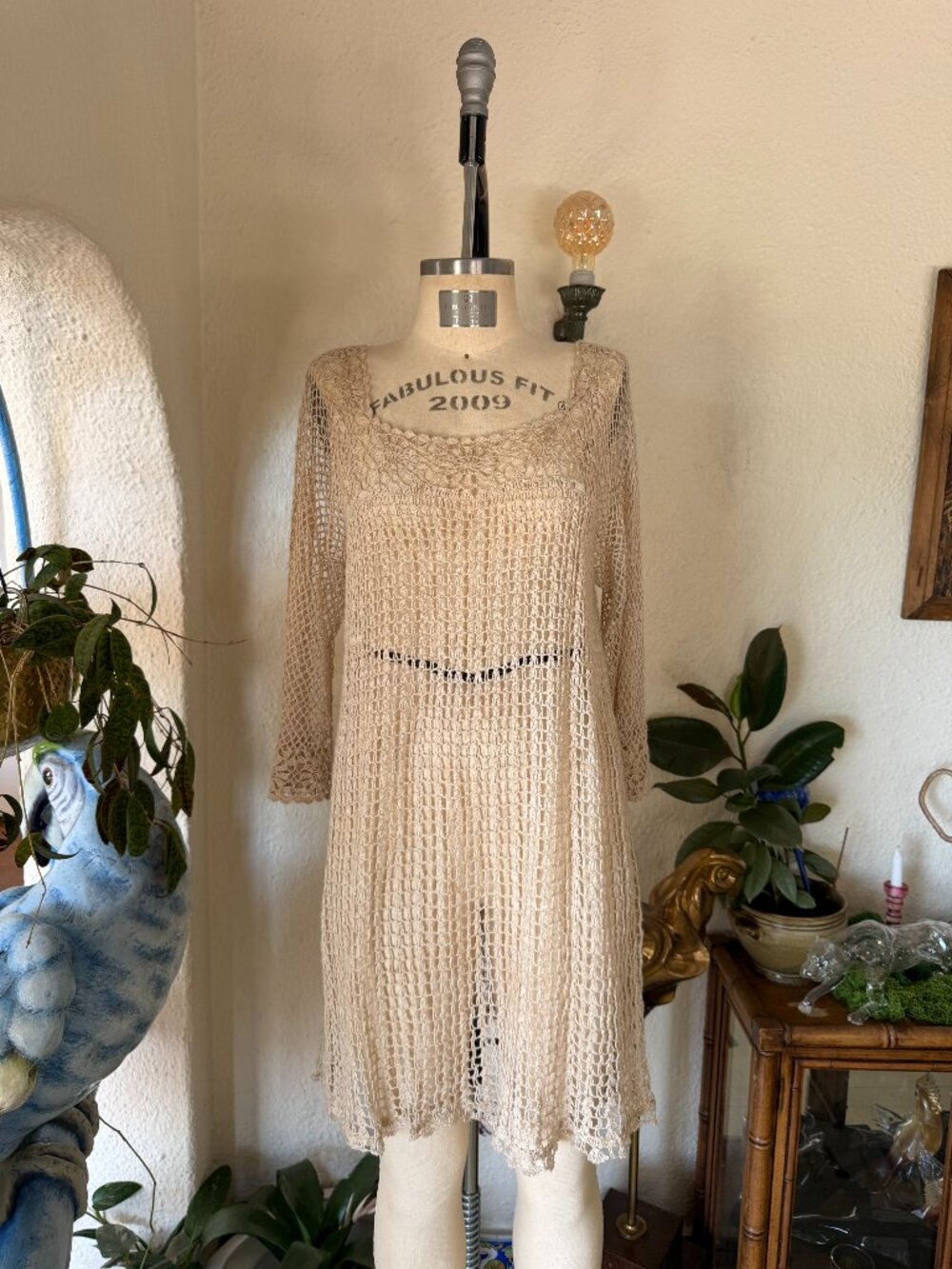 Deadstock Vintage Lim’s Beige Crochet Midi Dress VTG